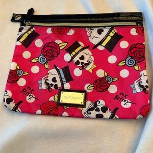 Betsey Johnson Gold Plaque Pink Floral and Skull Clutch
